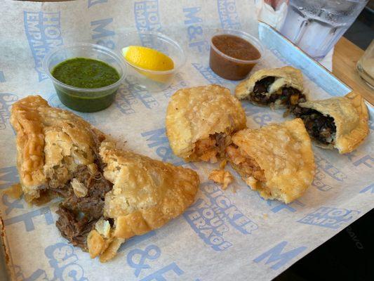 Short rib + chimichurri, shrimp + lemon, black bean and corn + salsa