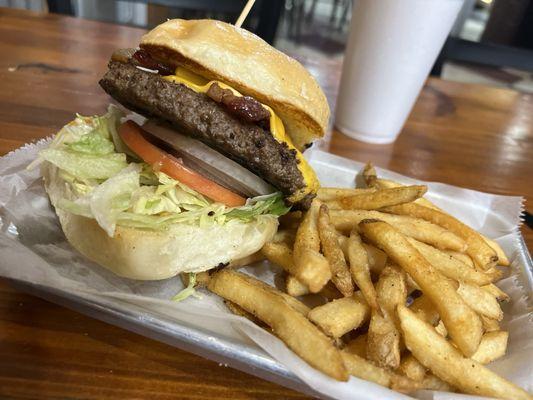 Bacon Cheeseburger and yummy fries.