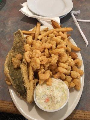 Combination platter, flounder and popcorn shrimp.