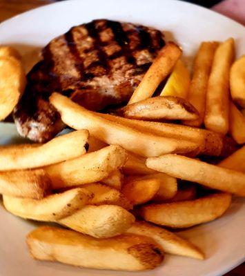 Seared pork chop with awesome fries, $11.95