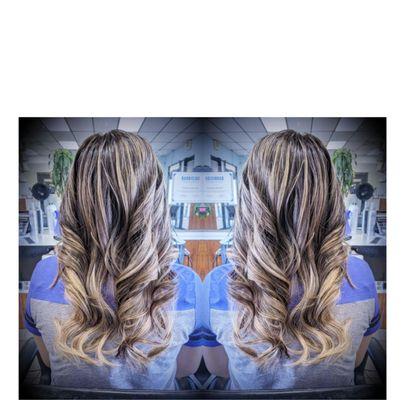 Hair balayage  color by Helen.Text with the number for an appointment  713-584-0001.