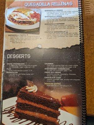 Dessert menu