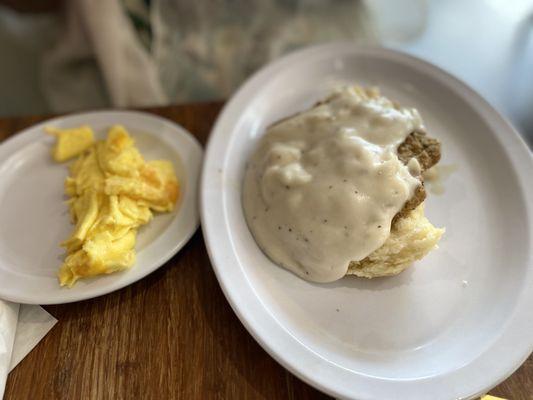 Country Fried Steak and cheesy scrambled eggs