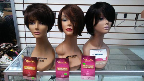 These wigs are by Wannabe; they are 100% human hair in the styles of Wendy, Mia, and Kaya.