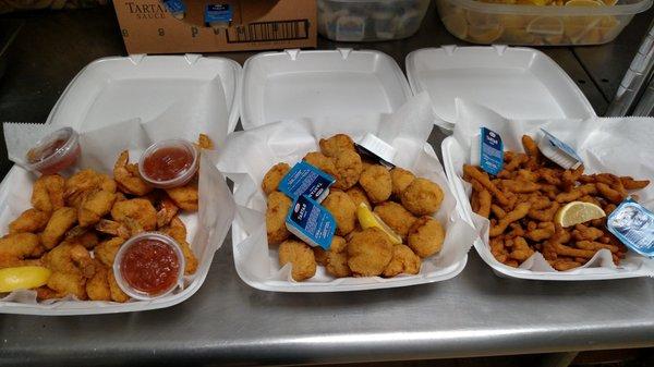 Fried Scallops, Shrimp and Clam Strips.