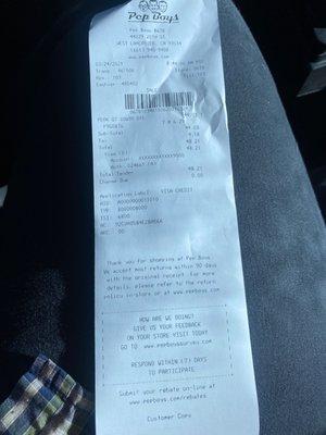 Receipt for the 20% off and crappy customer service I got