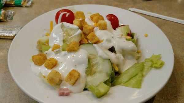 salad made by me. lattice the plain kind my favorite tomato salary ham cheese croutons ranch dressing