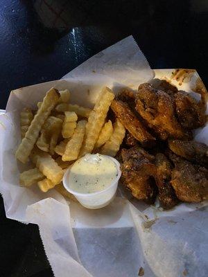 Lemiyaki wings and hot lemon pepper wings.  Fries.