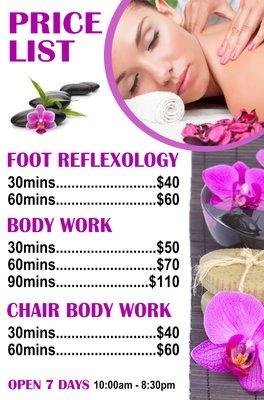 Price list from September 2024 at Rose Reflexology