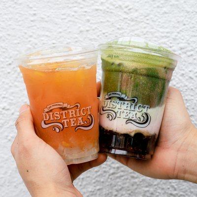 Sunset District ($5.75 left) and Strawberry matcha latte ($6.25t right) IG: michellelieats