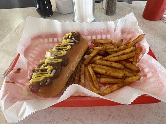 Chili dog and fries