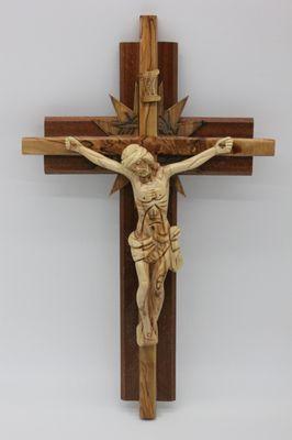 50cm "Shrine" Cross hand carved Olive Wood Jesus & cross, Mahogany wood backing with the star of the nativity with lasered Crown of Thorns