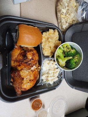 Half Chicken, Twice Baked Potaters, White Cheddar Mac and Cheese, Roasted Broccoli