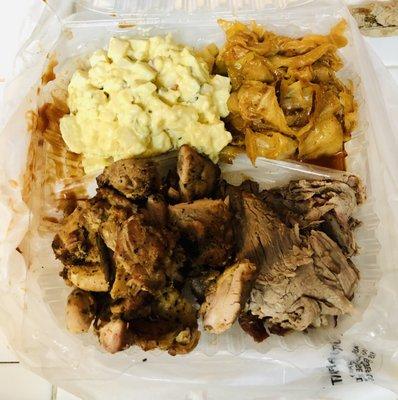 2 way with chicken, tri tip, potato salad and fried cabbage