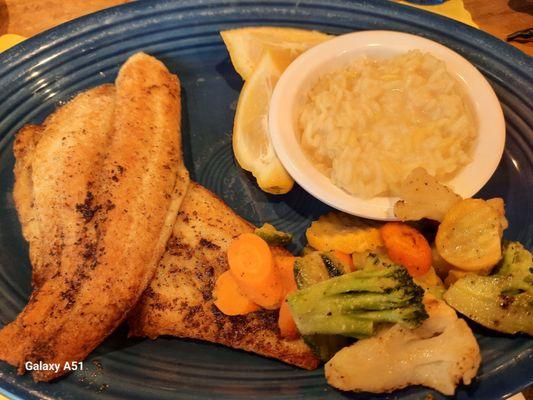 Catfish with rice pilaf and roasted vegetables