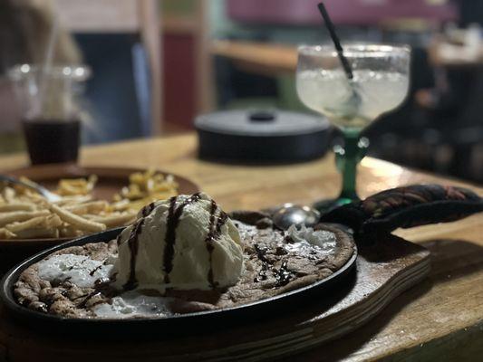 Baked chocolate chip cookie in a skillet. Heaven!