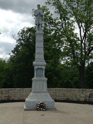 With Memorial Day wreath.  The base is inscribed with names of locals lost in the Civil War.