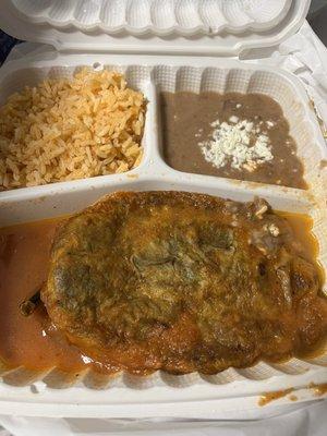 Chile Rellenos, rice and refried beans. Disappointing. #TooGoodToGoApp