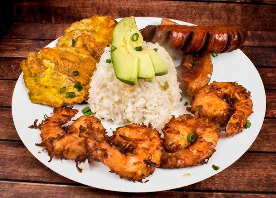 Coconut shrimp , Colombian chorizo,crispy pork belly , white rice ,plantains & avocado