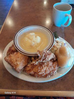 Three piece broasted chicken, mashed potatoes and coffee.