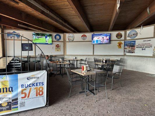 The covered patio (felt uncomfortably warm out there) with one patron and two screens