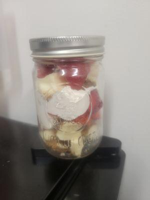 Strawberry Cheesecake Jar Dessert
 
 Cheesecake with strawberries and whipped topping (it's seasonal)