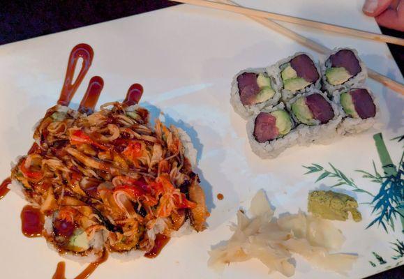 Fire Roll (good but expensive -- for those who like cooked concoctions), and the excellent tuna avocado roll