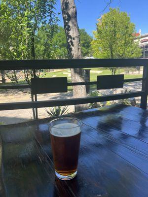 Drinking a fresh pour on the patio.