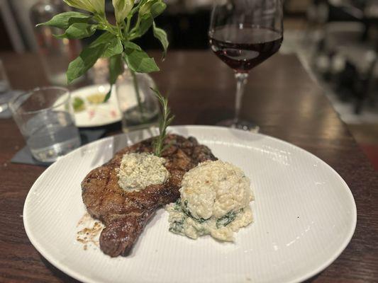 Boneless Ribeye, spinach risotto, Complicated Pinot Nior