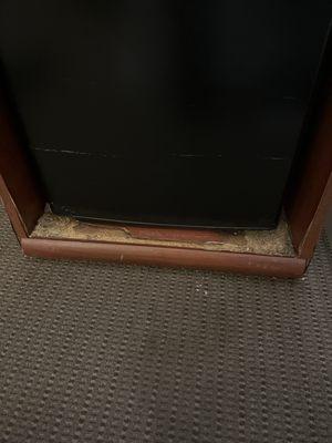 Crumbling microwave, mini fridge stand! Filthy carpet!