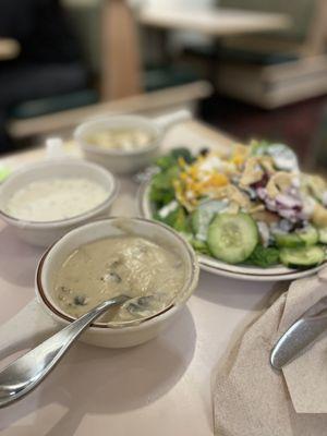 Mushroom soup, Clam Chowder, and Salad.