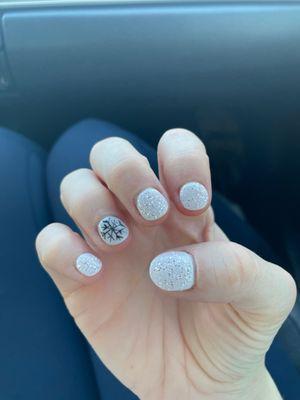 Dip manicure with hand painted snowflake!