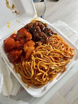 2 items with chow mein, orange chicken and sesame chicken