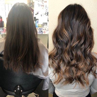 Before and after balayage highlights and beachy wave style