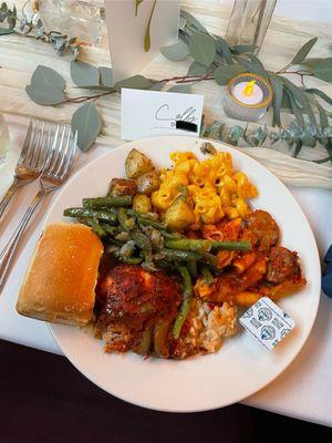 Chicken and rice, penne and sausage, veggies and Mac & cheese for reception dinner