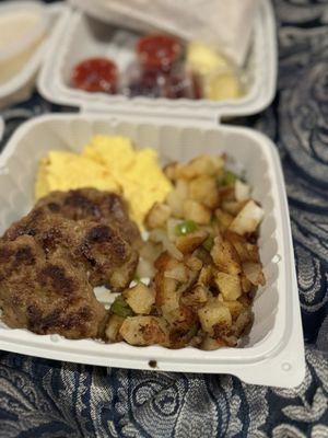 Turkey Sausage and Eggs Breakfast with home fries.