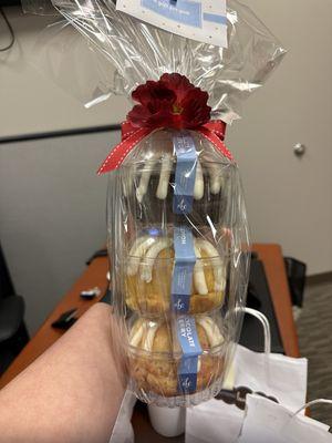 Three Tier Bundtlettes. Chocolate, Lemon, and White Chocolate Raspeberry. Presented nicely