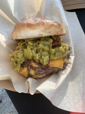 Green chili smash burger