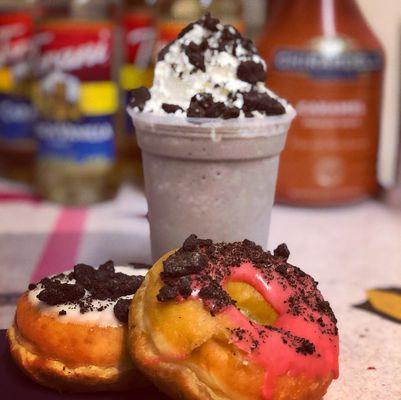 Cookies and cream blended drink and cookies and cream donuts! Pair up the goodness!