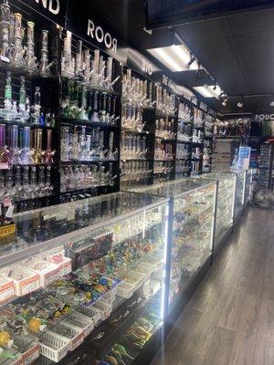 Glass items, pipes, rigs, bowl pieces/downstems, ash catchers.