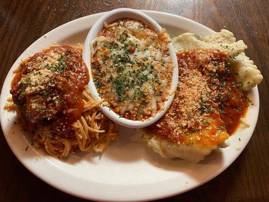 Make your own combo, spaghetti with meatball, lasagna & ravioli with meat sauce.