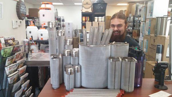 Tom enjoying all the stainless filter options-hop baskets, dry hoppers, filters and more