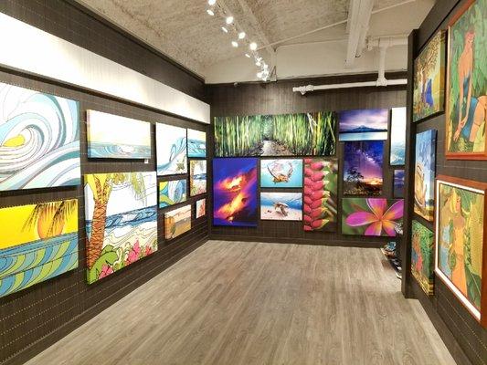 Art gallery at Pictures Plus Kakaako, featuring Colorfuse metal and canvas prints.