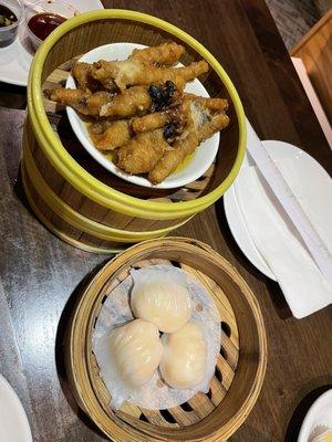 Chicken feet (top) and har gow (bottom)