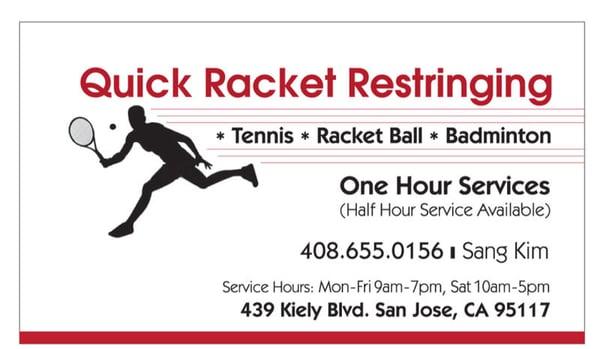 Business Card for Quick Racket Restringing.