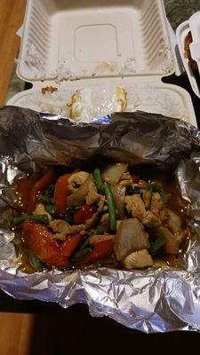 Chicken basil stirfry with rice and an egg