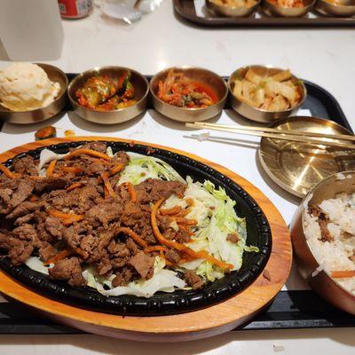 Beef bulgolgi, rice, potato salad, kimchi