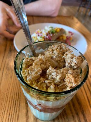 Yogurt parfait and roasted red pepper toast in the back