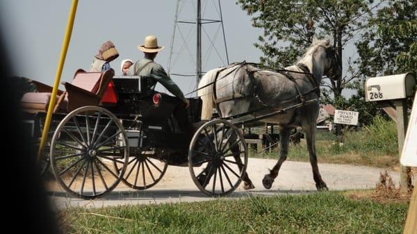 Mennonite family leaving store.