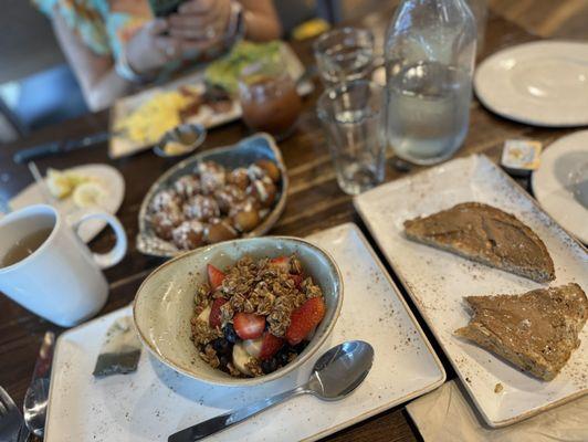 Superfood bowl, seasonal donut holes, and green tea